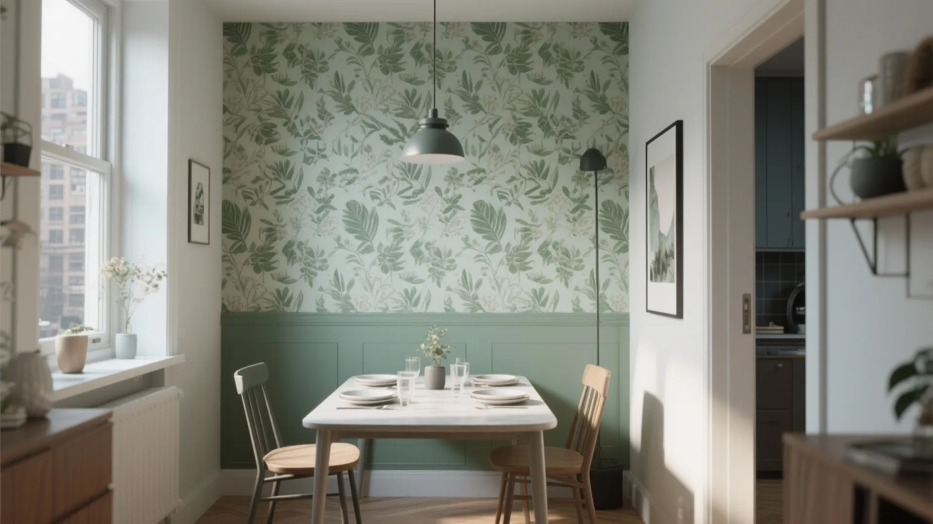 3. Sage Accent Wall with Patterned Wallpaper