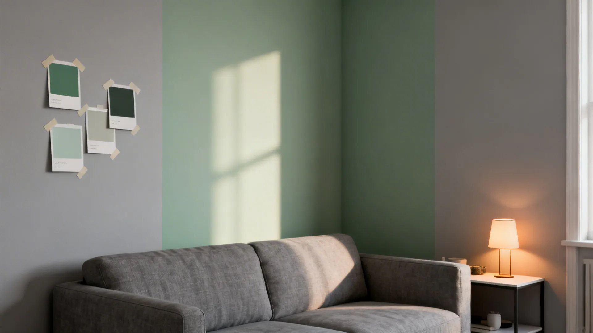 Modern grey sofa against a wall with green paint sections and small table lamp nearby