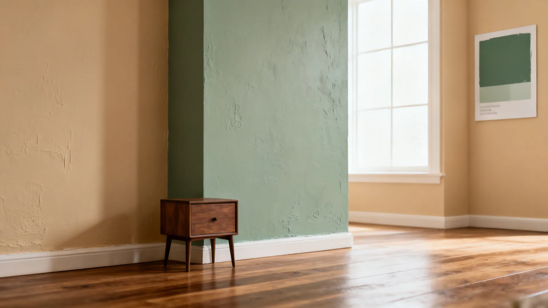 Living room showing a muted sage accent wall paired with warm beige walls and sample swatches in daylight.