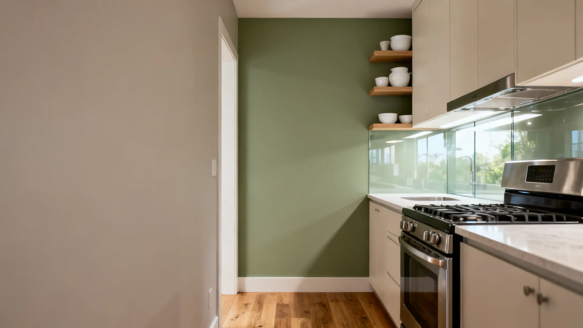 Small kitchen with a sage green accent wall and pale taupe surrounding walls.