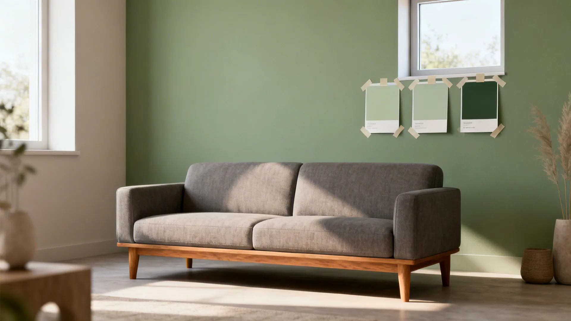 1. Sage Accent Wall with Warm Grey Furnishings