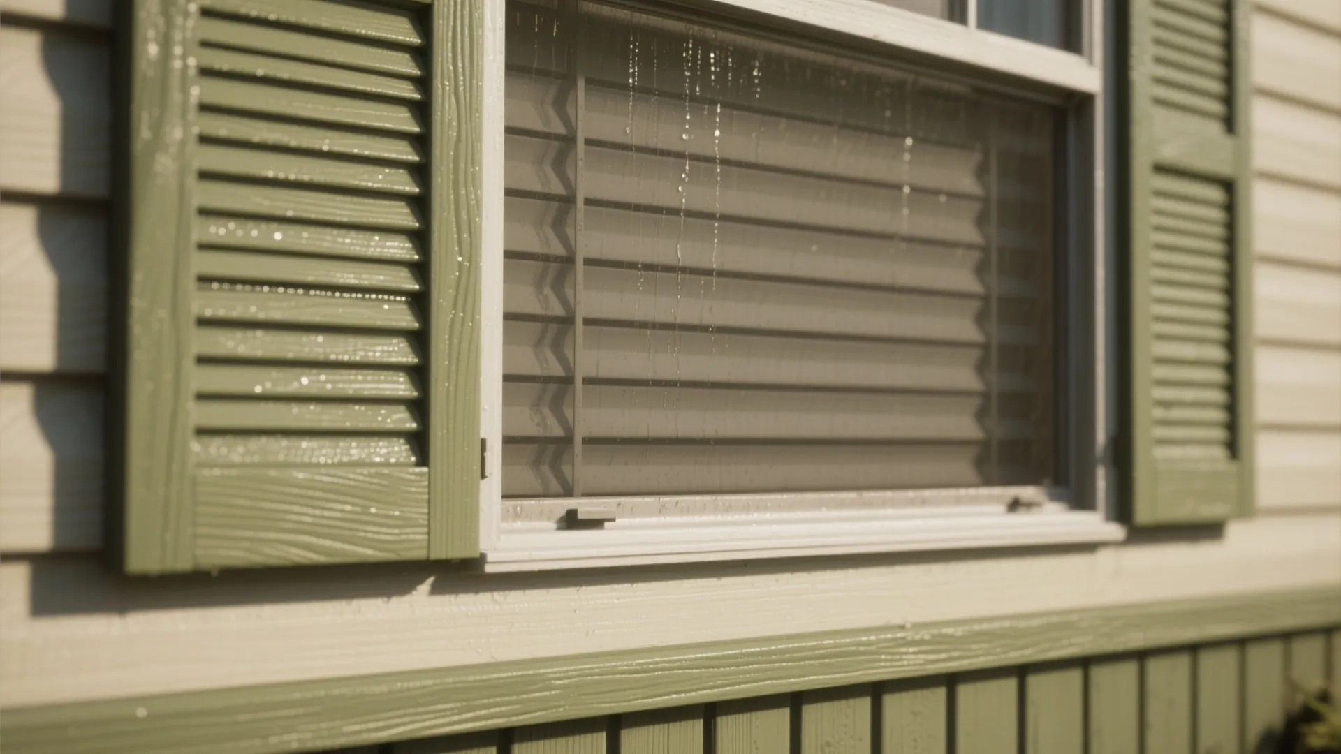 Close up of glass windows with green window shutters on a white and green wall