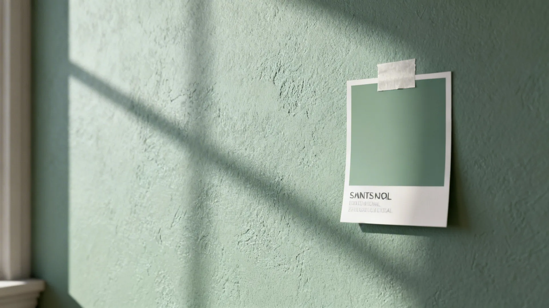 Close-up of a muted sage paint wall with a paint swatch showing undertones under soft daylight.