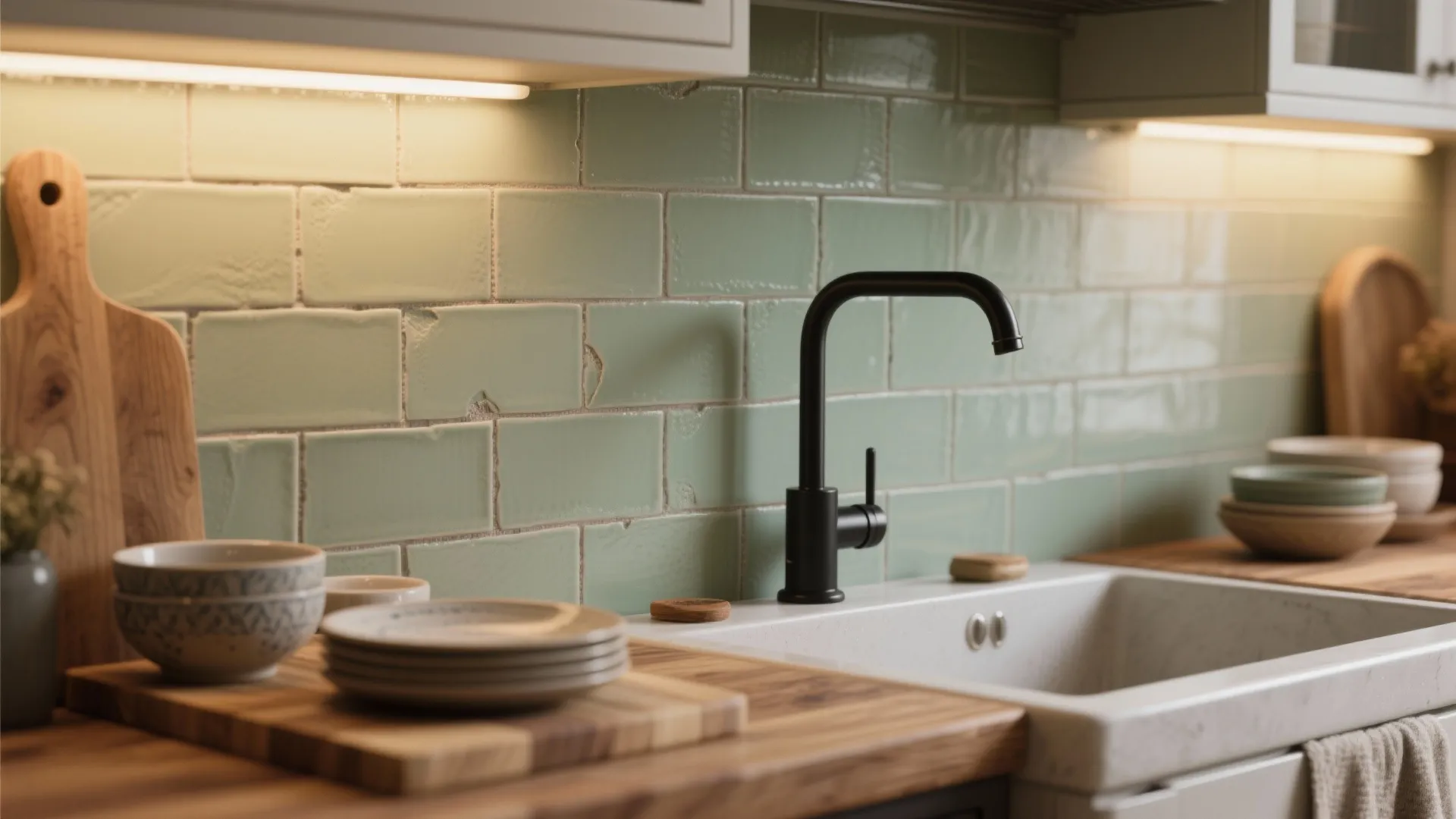 2. Sage backsplash with warm wood counters
