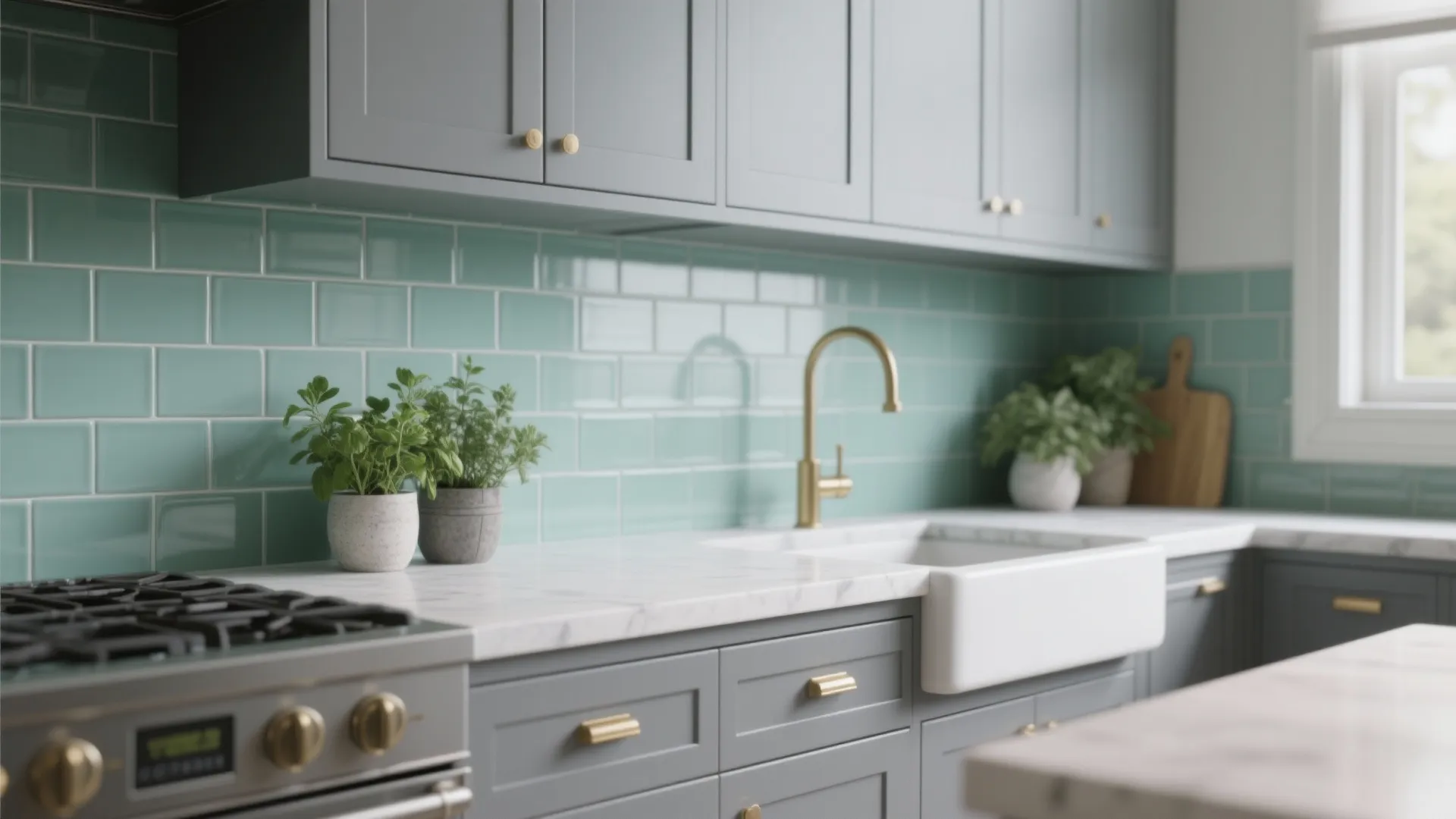 2. Muted Teal or Sage Green Backsplash