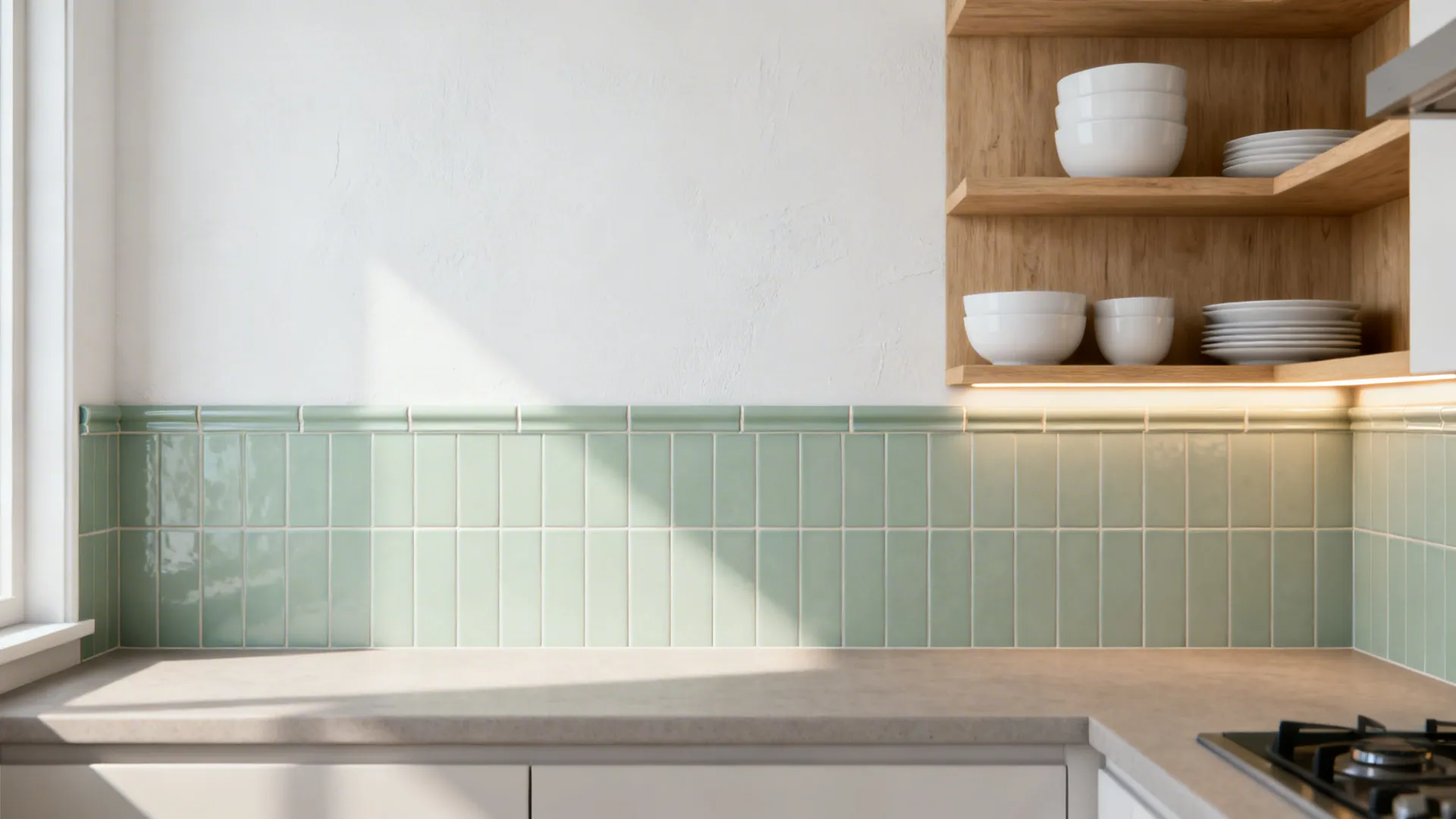 Small kitchen with a pale sage tile band under open shelves and white wall above, creating a calm zone.