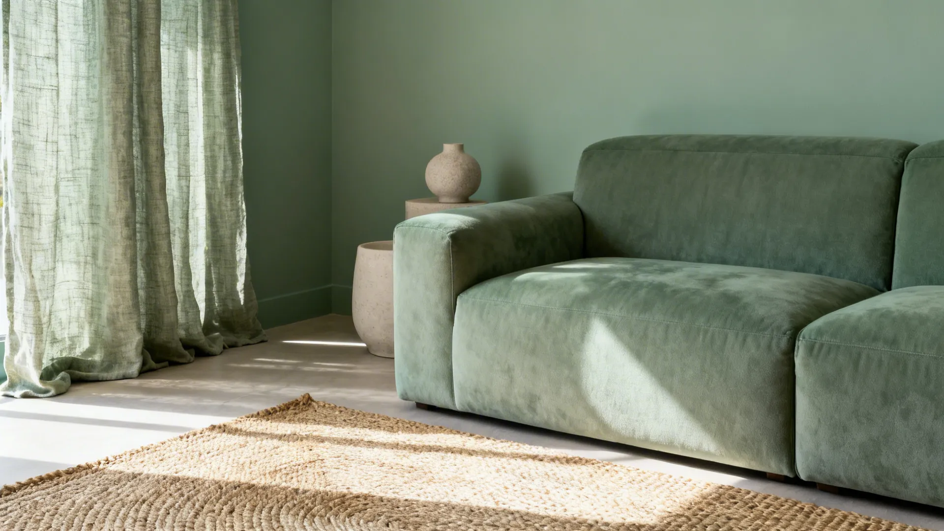 Living room corner with green sofa green wall green curtain and round woven rug sunlight