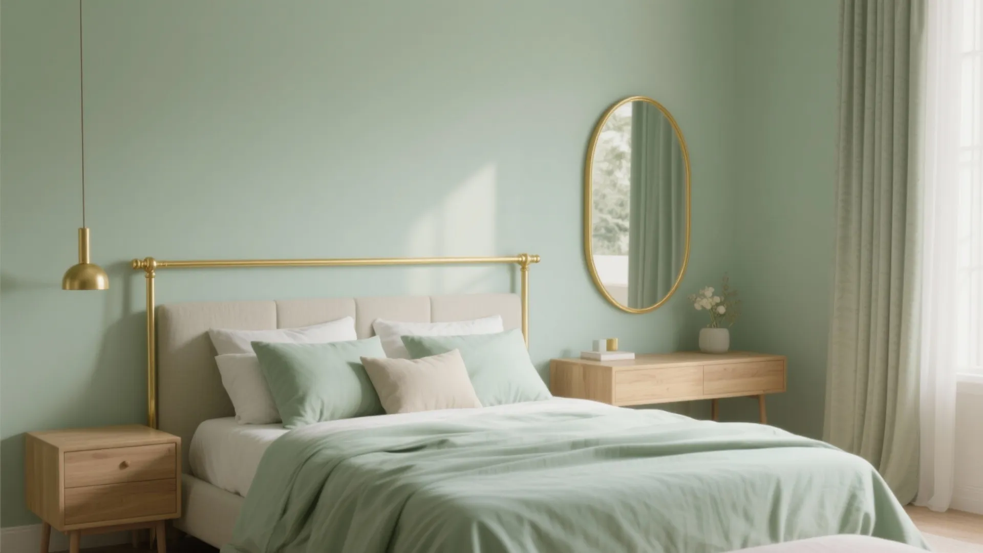 Sage green bedroom with gold metal bed frame wooden side table oval mirror and ceiling light