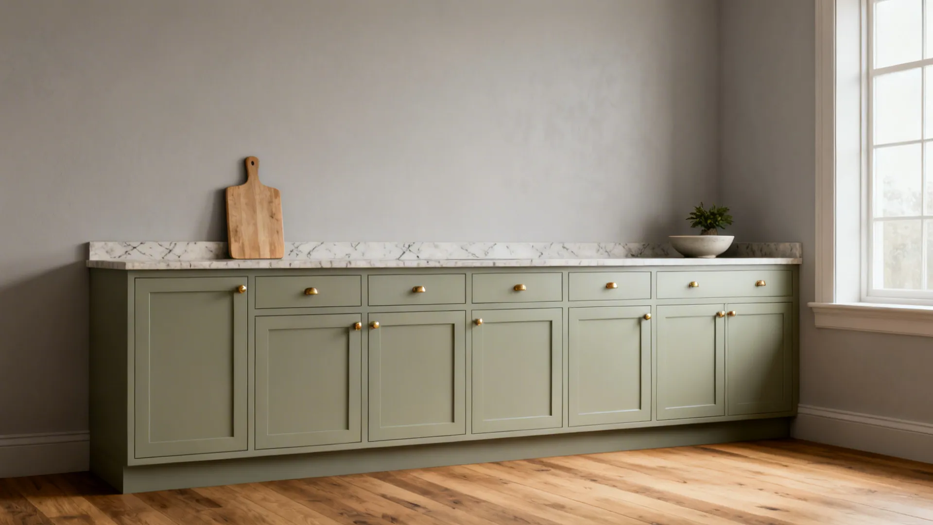 Sage green kitchen cabinet with marble countertop and gold handles against a simple grey wall