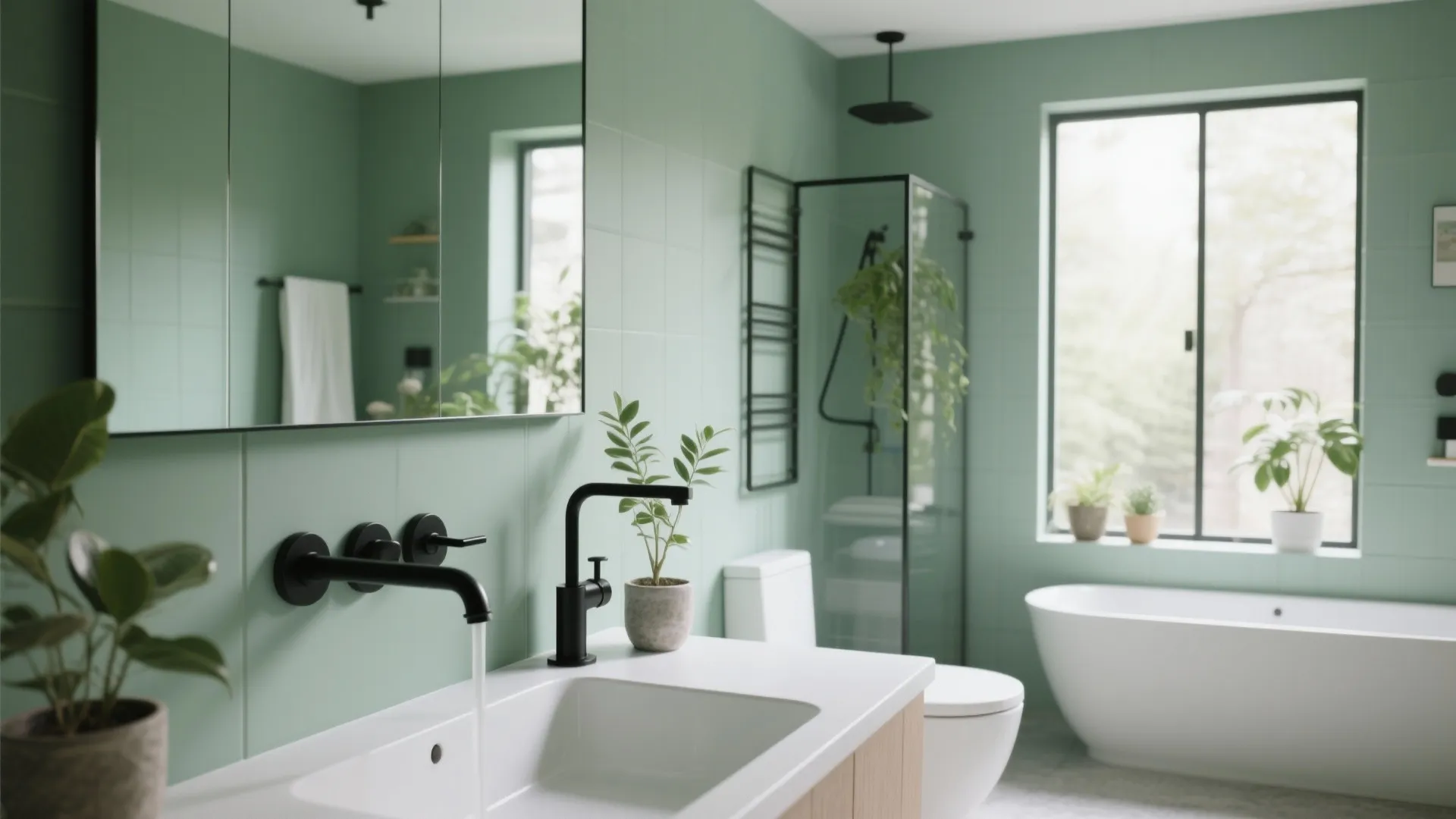 Modern sage green bathroom featuring a white bathtub black light fixtures and a potted plant