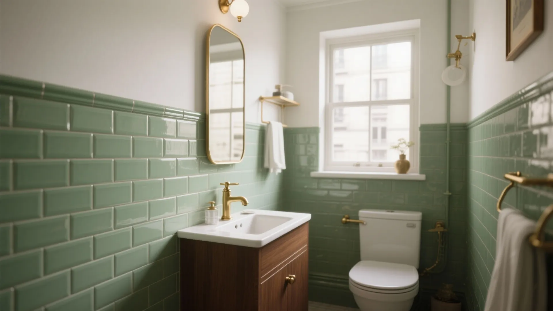 Small bathroom with green wall tiles wooden cabinet white toilet gold mirror and natural light