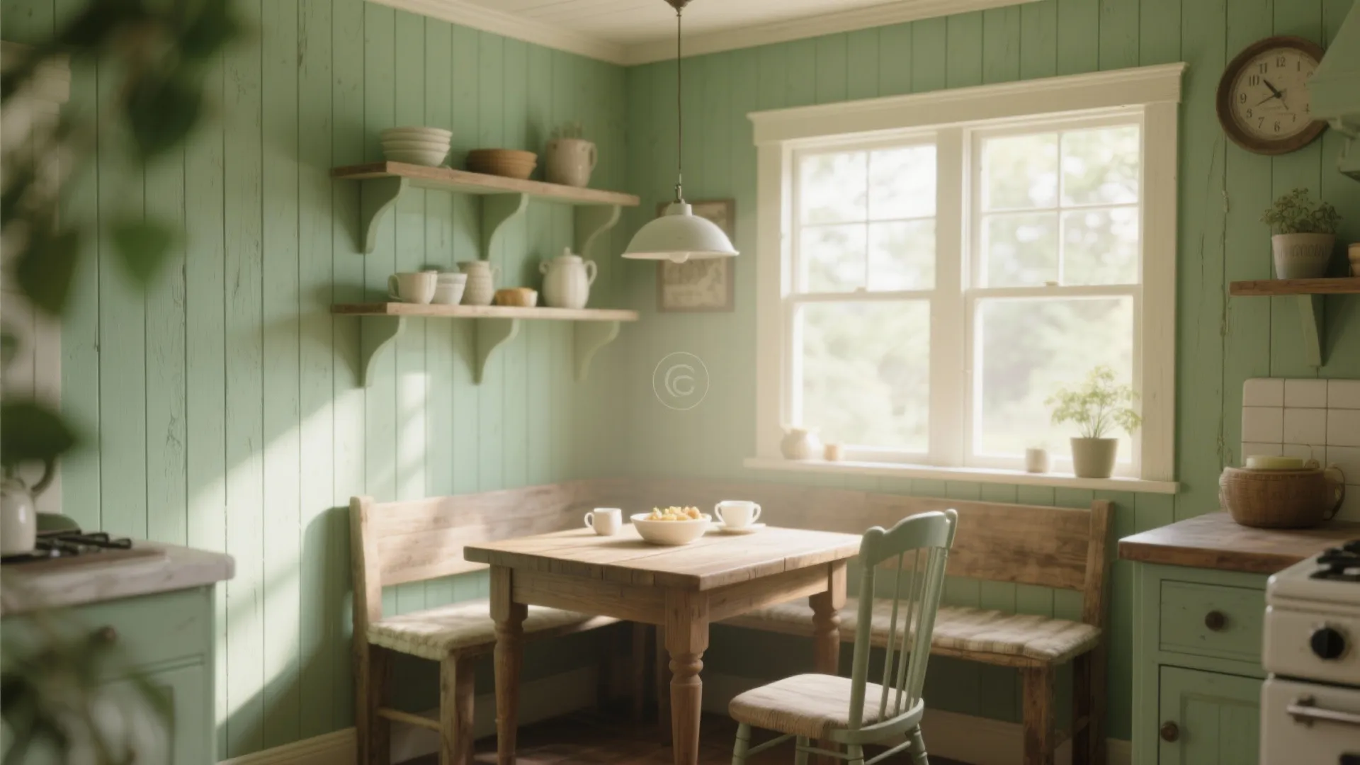 Green wall panel kitchen featuring a wooden dining table with benches under a white ceiling light