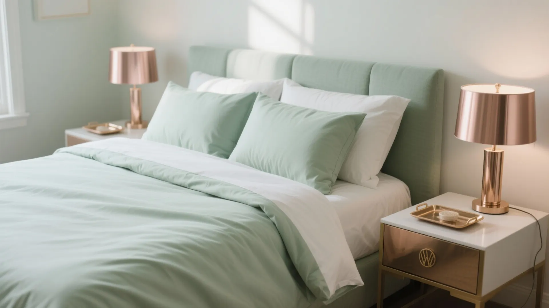 2. Sage Green Bedding with Metallic Accents