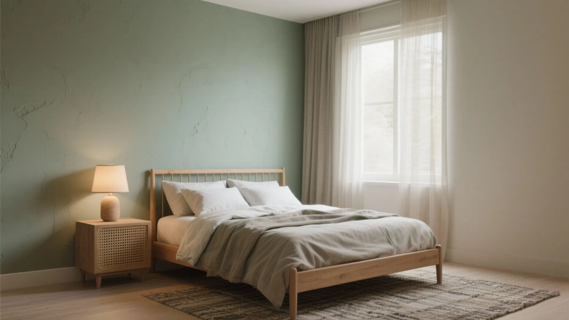 Bedroom with a single sage green accent wall, natural wood furniture and warm lighting