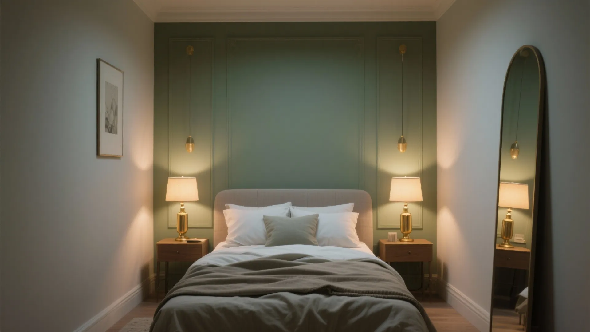 Cozy bedroom featuring sage green wall panel two gold table lamps wooden nightstands and mirror