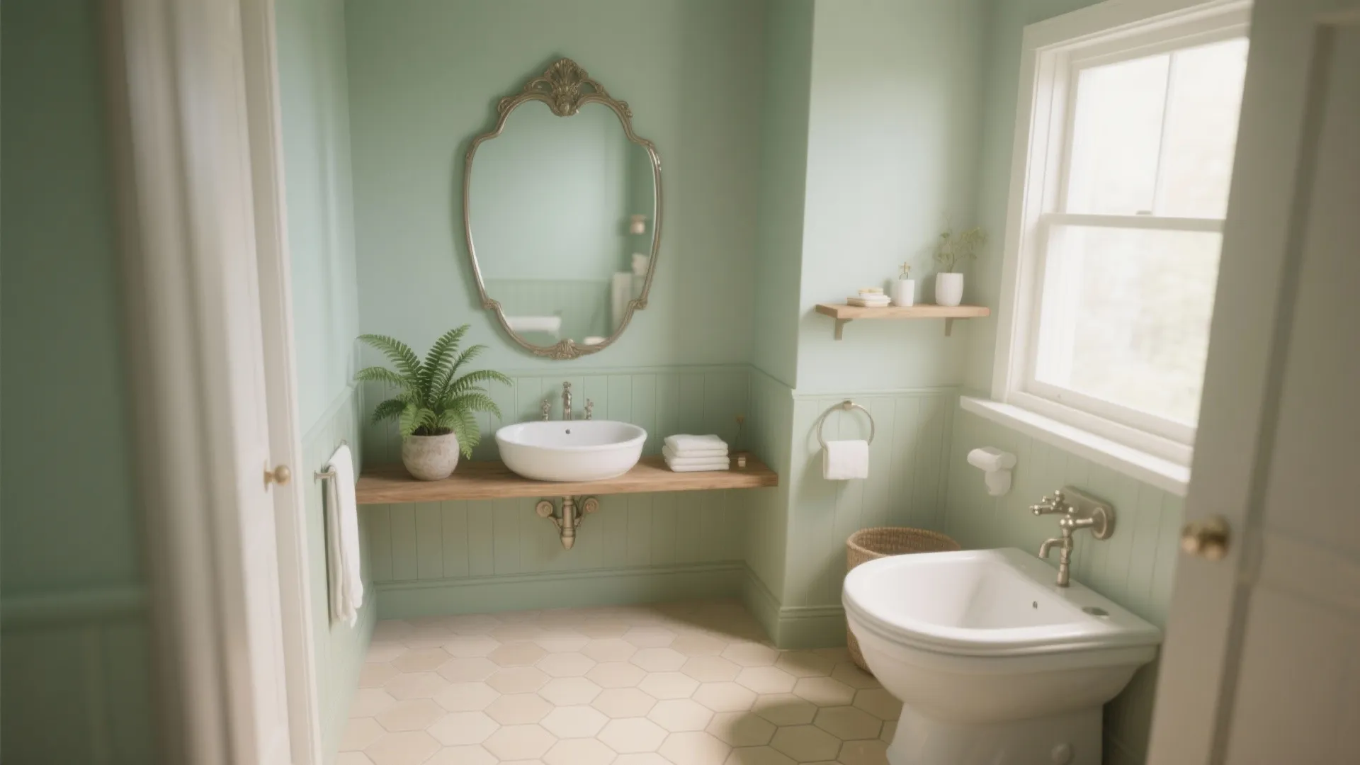Sage green bathroom with wall panel white sink wooden shelf round mirror and tiled floor layout