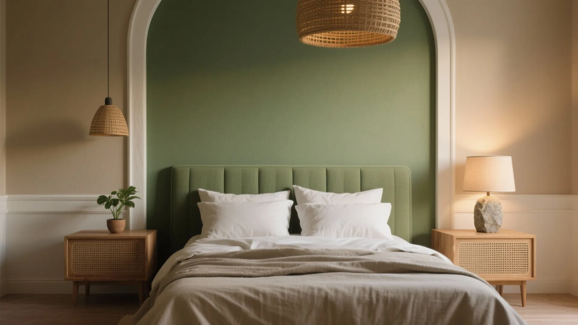 Modern bedroom with green arched wall panel, wooden bedside tables, white pillows, and woven ceiling light