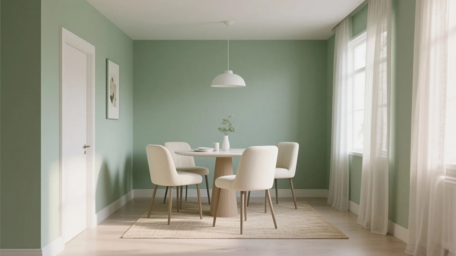 Sage walls with cream upholstered chairs in a bright dining nook