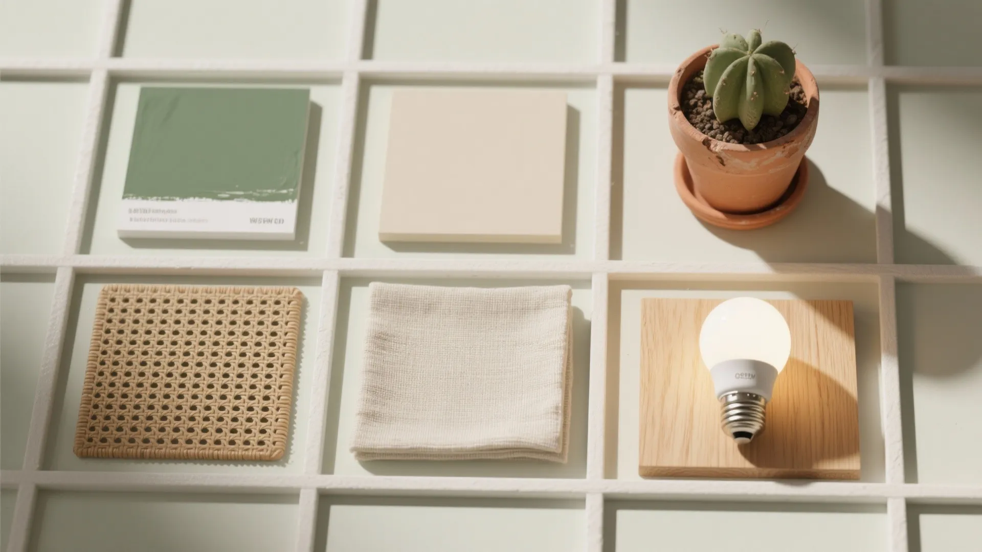 Interior design mood board with green paint swatch beige fabric wood sample cactus and light bulb