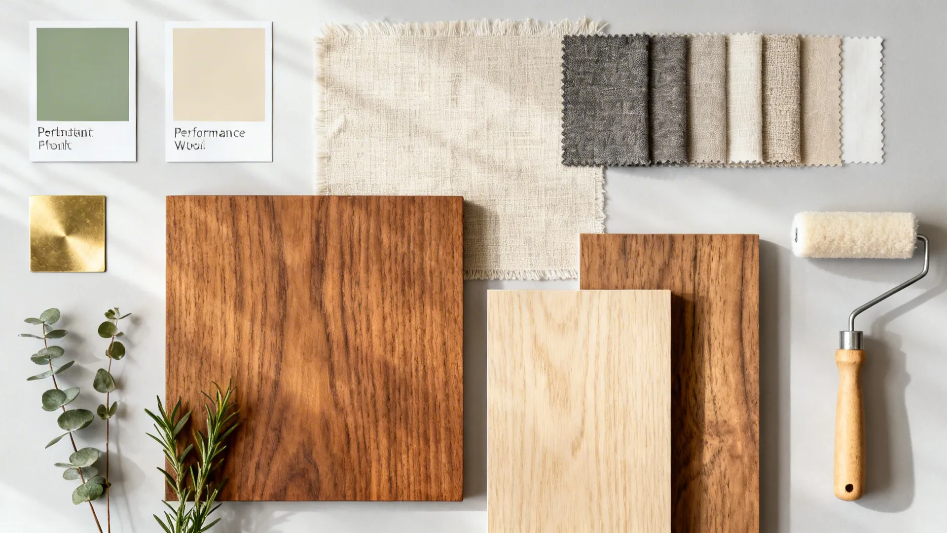 Flatlay moodboard of paint chips, fabric and wood samples, and brass finish for a sage and beige living room.