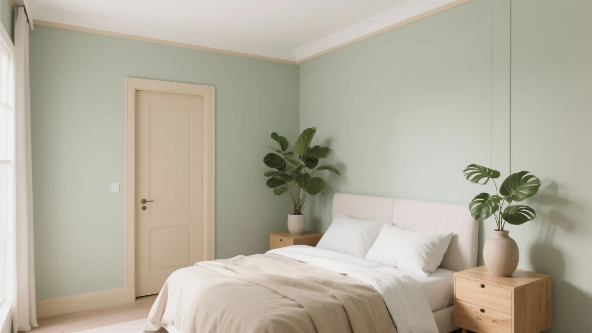 Minimalist sage green bedroom featuring a beige door wooden nightstands and green indoor potted plants