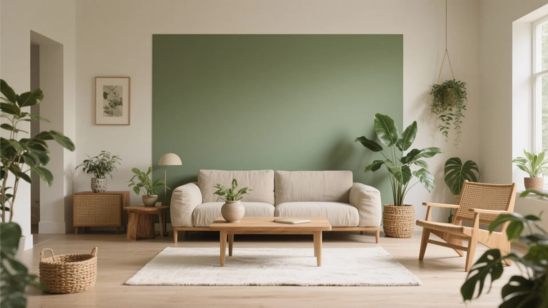 Bright living room with green accent wall beige sofa wooden coffee table and many potted plants