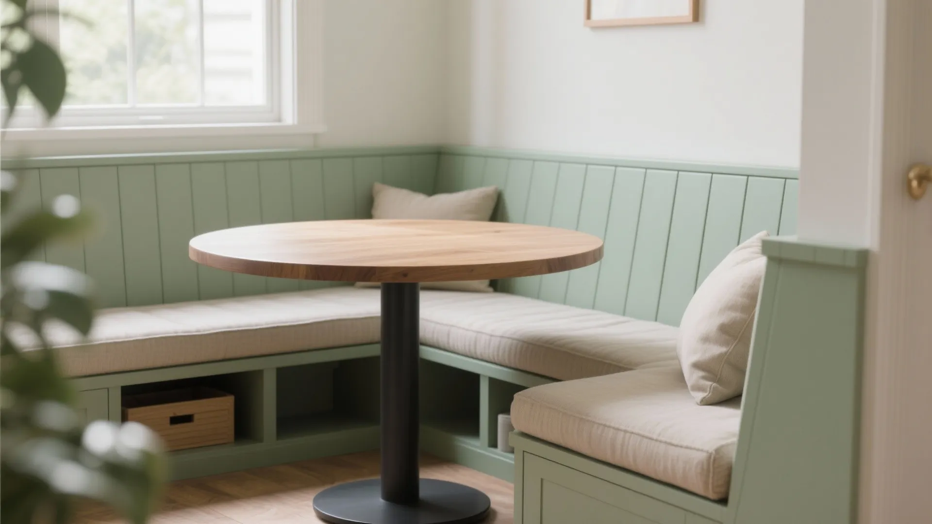Built in dining nook with green wall panel seating and a round wooden dining table
