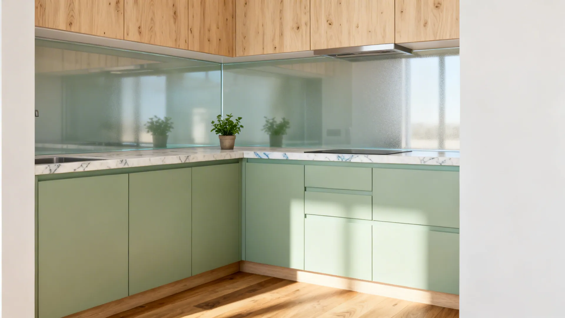 Sage green and birch laminate kitchen with satin glass backsplash reflecting light.