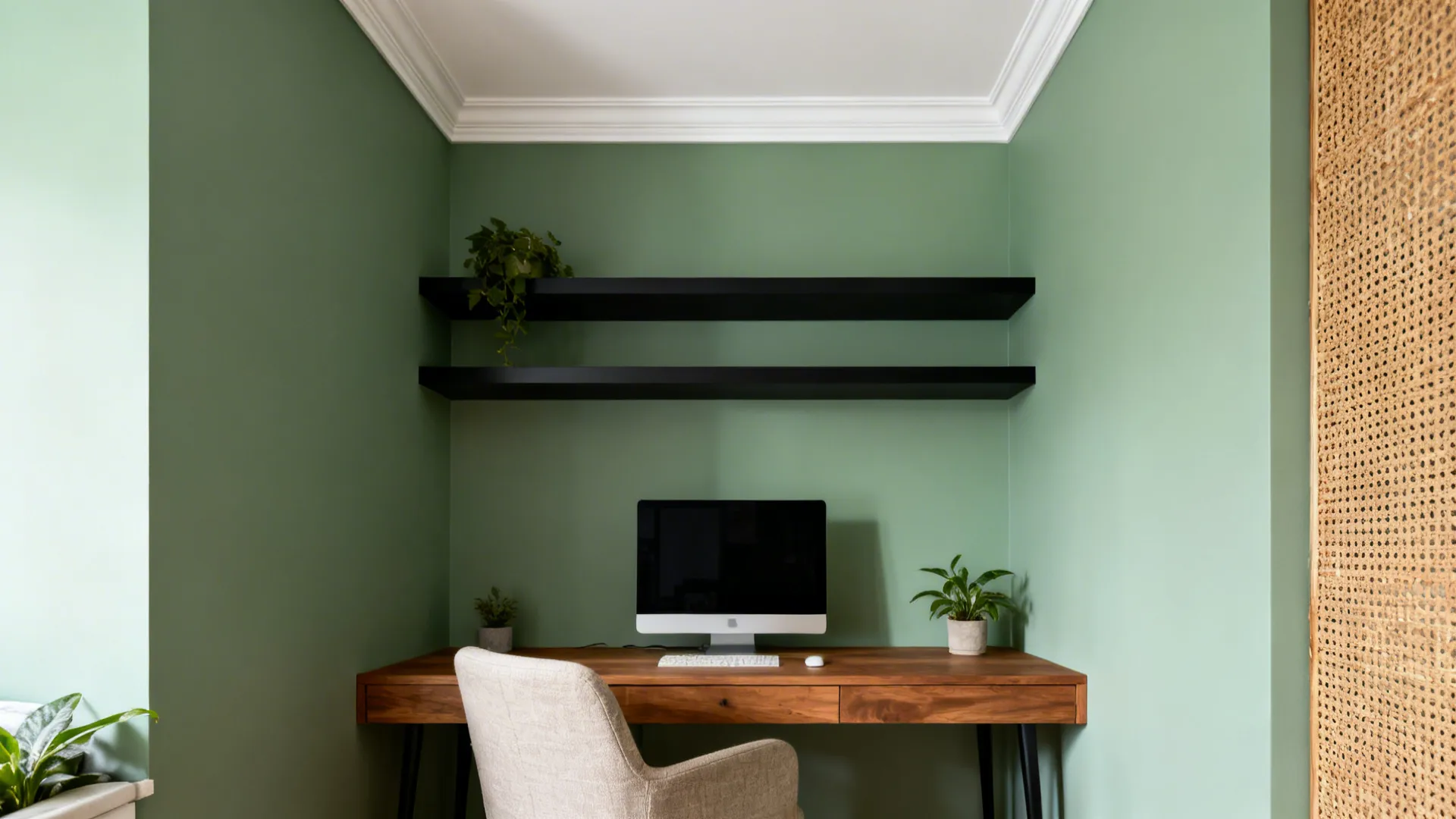Sage green wall with matte black shelves and oak desk in a compact workspace.