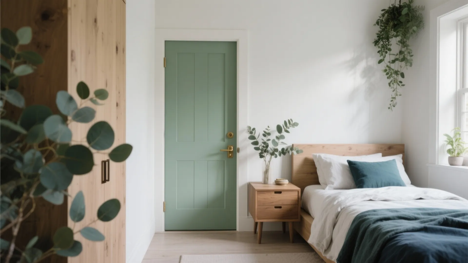 Modern bedroom with a sage green door wooden furniture blue bedding and green hanging plants