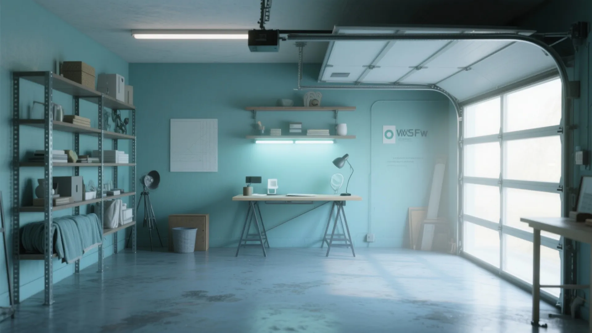 Blue garage interior with a work desk and shelving units and a large glass door