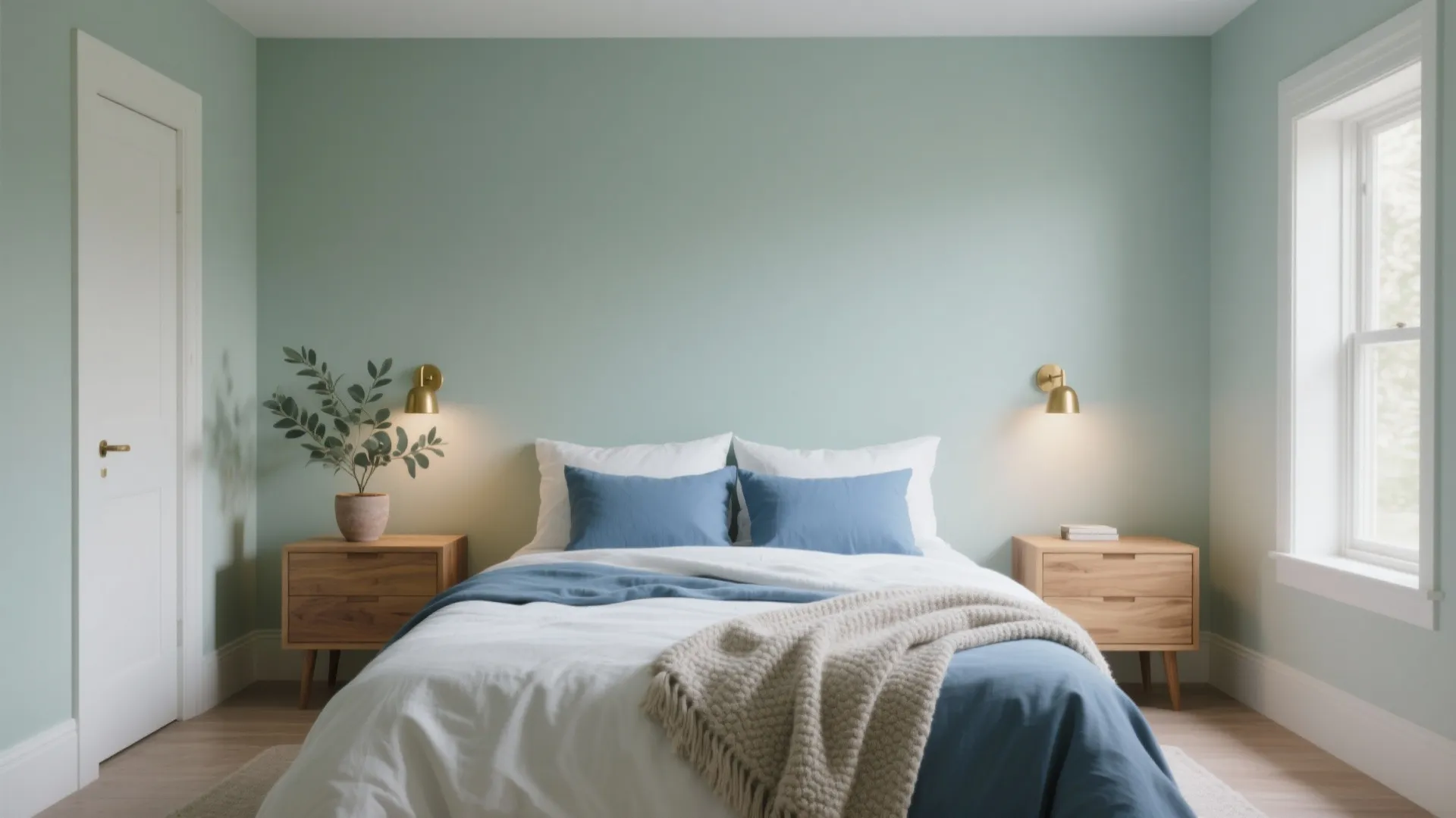 Minimalist bedroom with light green walls wooden side tables gold wall lights and blue bed pillows
