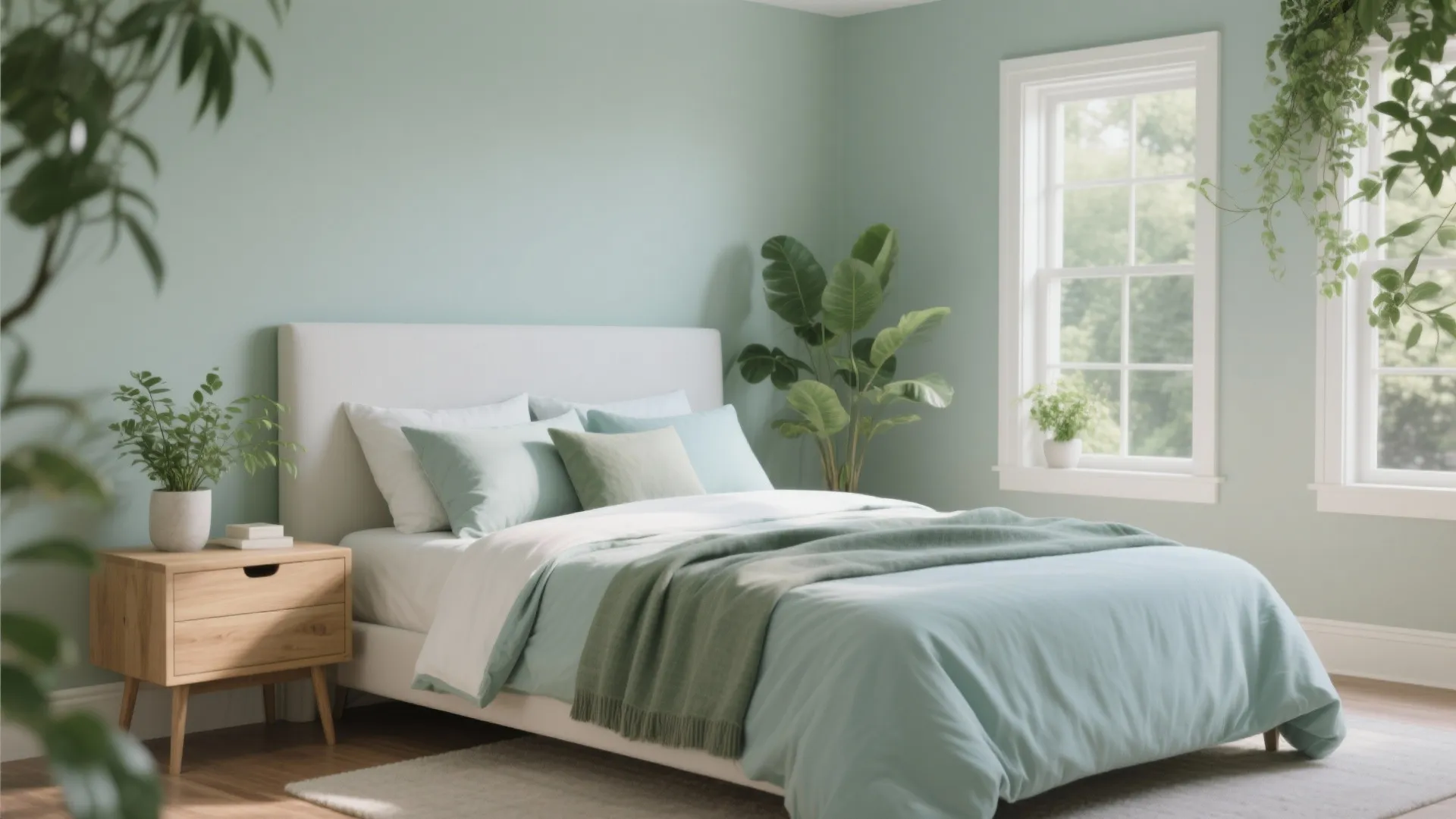Modern bedroom with light green walls white bed wooden side table plants and natural light