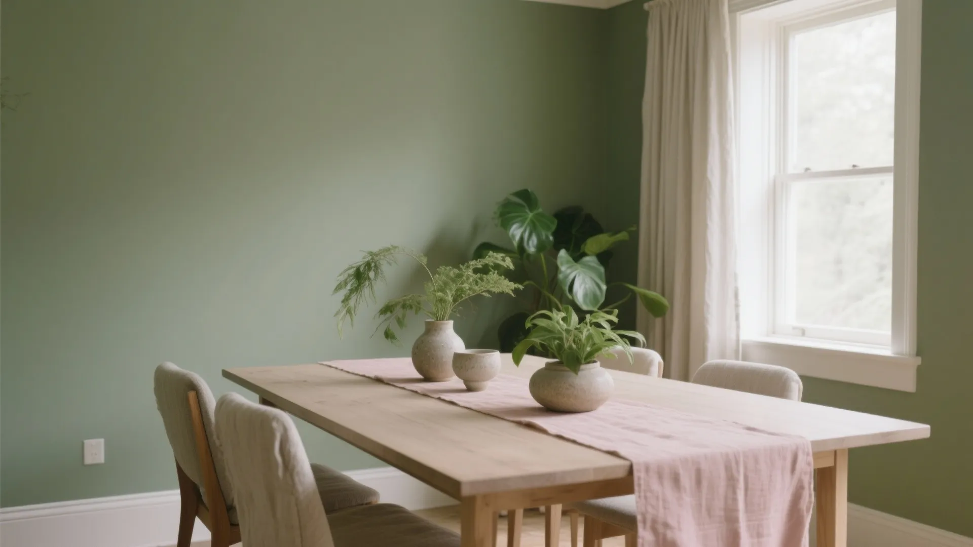 Modern dining room with green walls wooden table pink cloth chairs green plants and windows