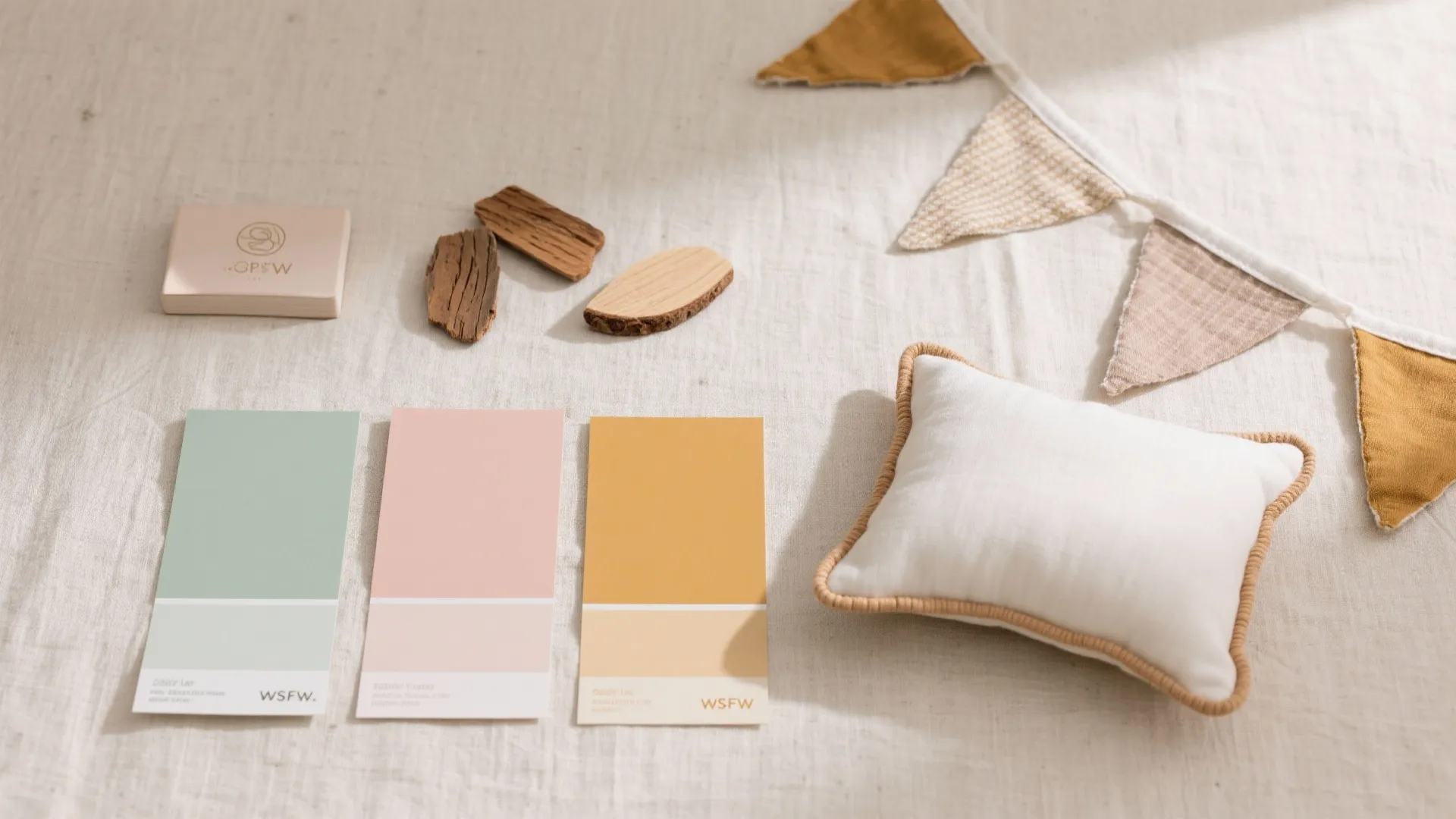 Green pink and yellow color swatches with wood pieces small pillow and hanging fabric flags