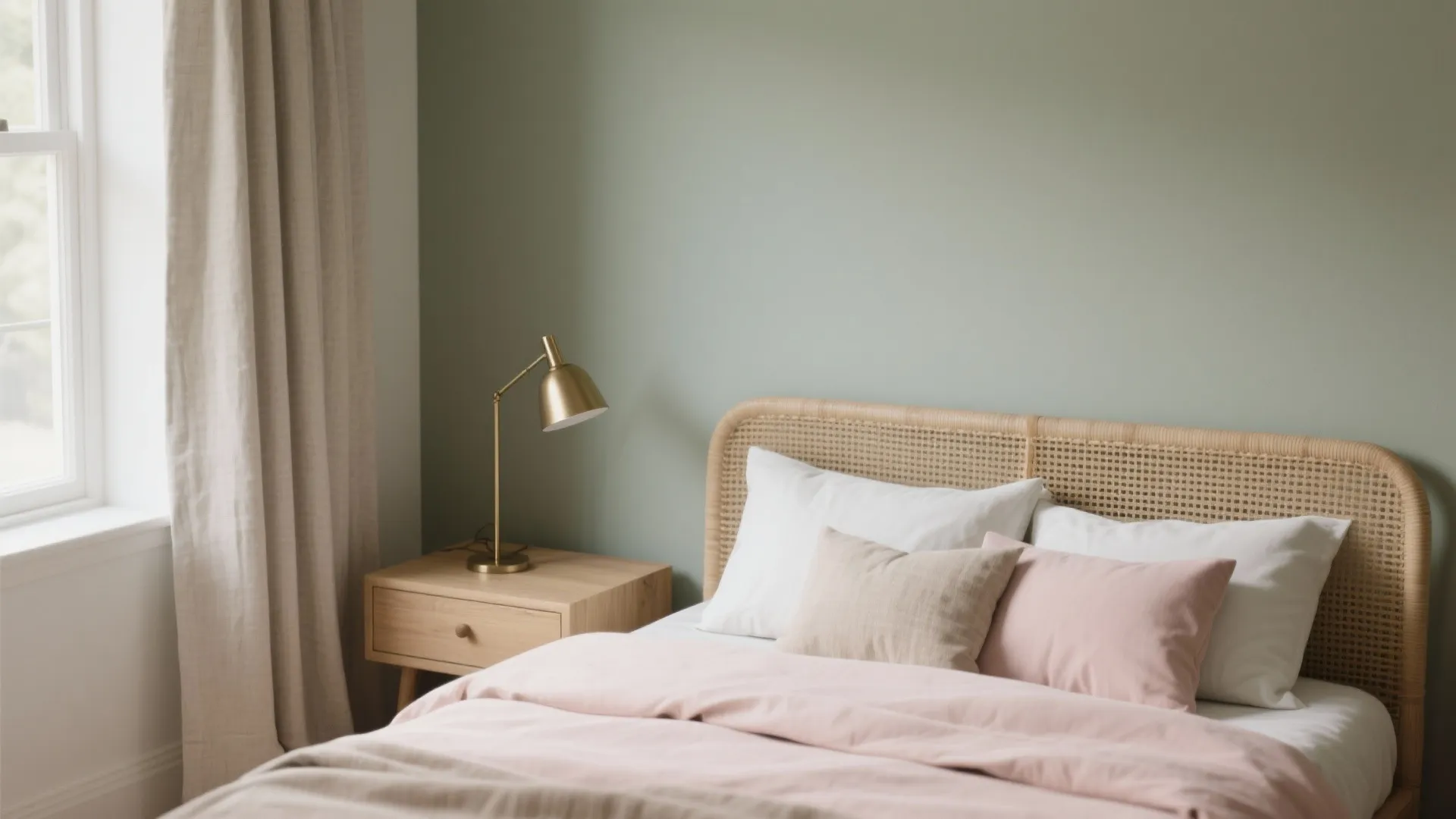 Sage green bedroom with a rattan headboard pink bedding and a wooden bedside table lamp