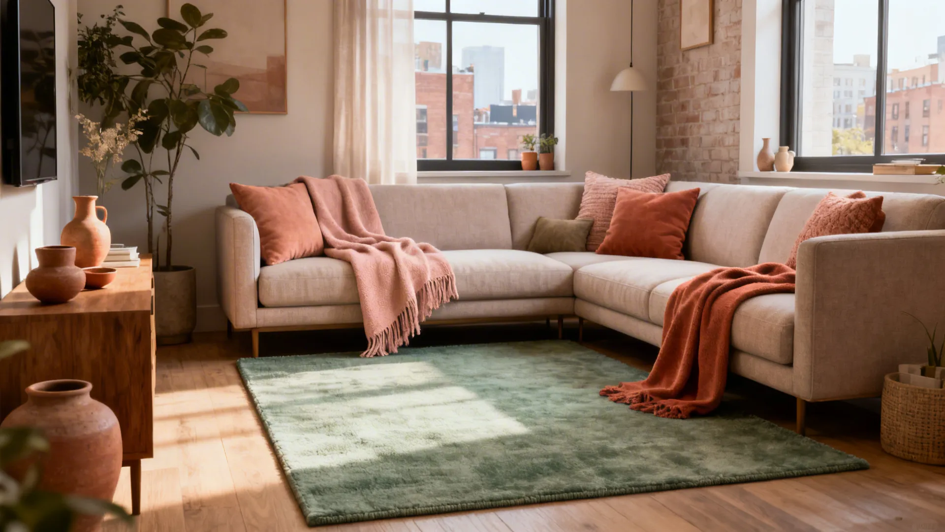 Cozy living room with beige sofa pink pillows green rug wooden floor and large window