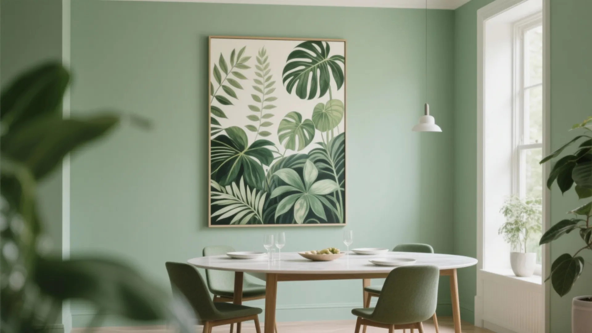 Green dining room with botanical wall art, marble table, green chairs, and small hanging lamp