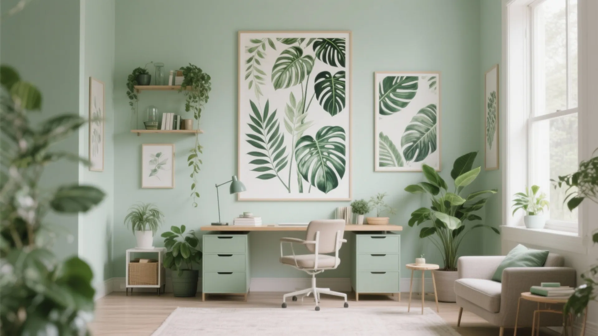 Bright home office with botanical wall art green cabinets wooden desk beige chair and indoor plants