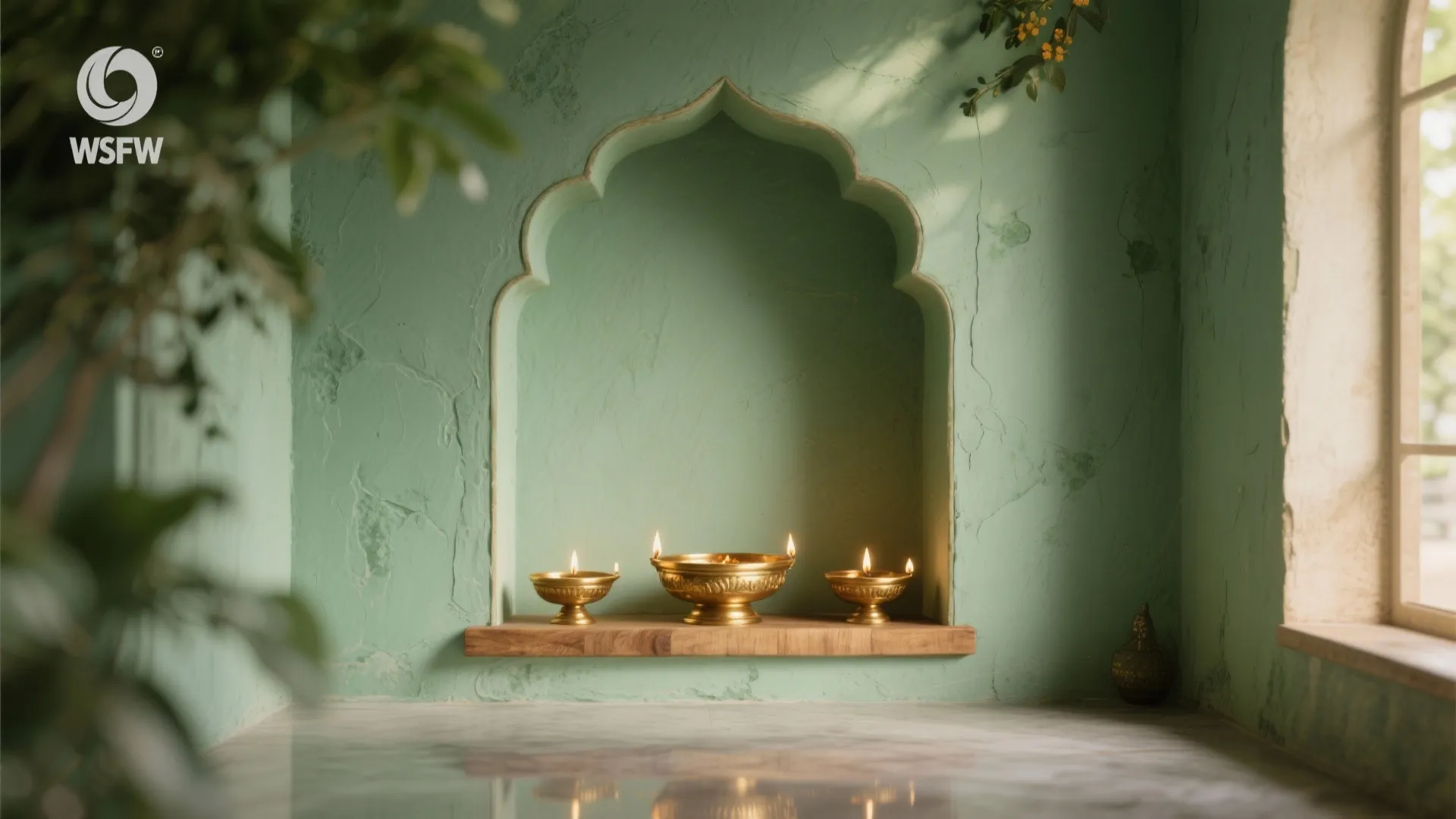 Three small brass oil lamps burning on a wooden shelf inside a green arched niche