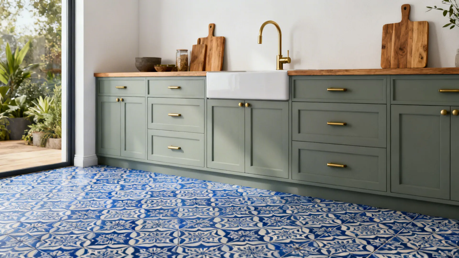 Sage green kitchen cabinets with gold handles and wood countertop above a blue patterned tiled floor