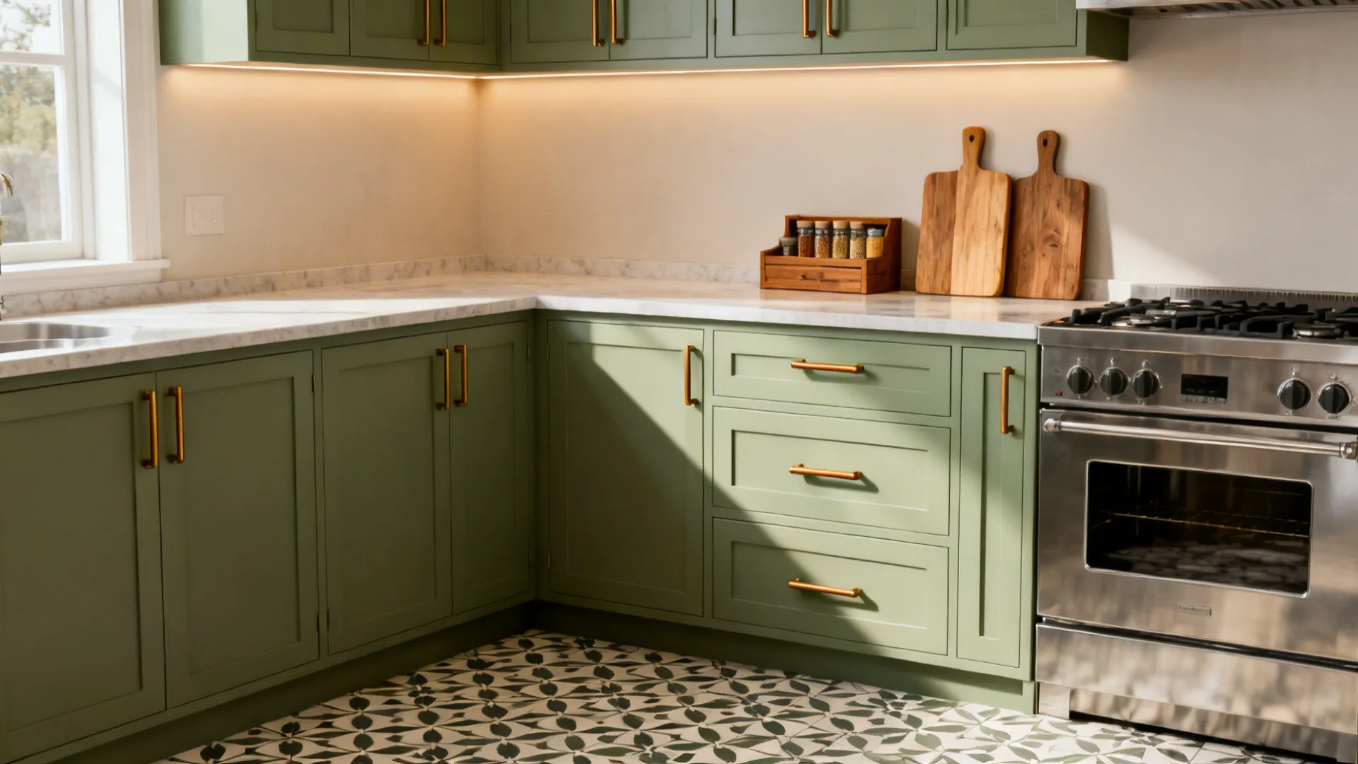 Sage green shaker kitchen cabinets with brass pulls in a compact Indian kitchen.