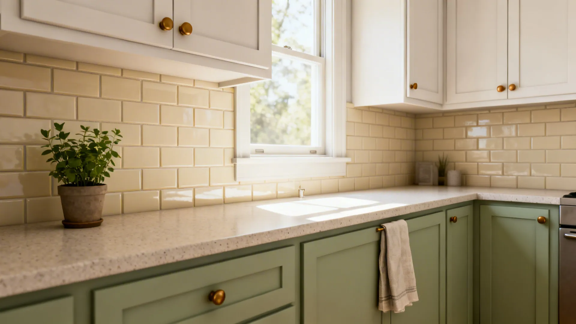 Modern kitchen with green cabinets cream wall tiles white stone countertop and a small potted plant