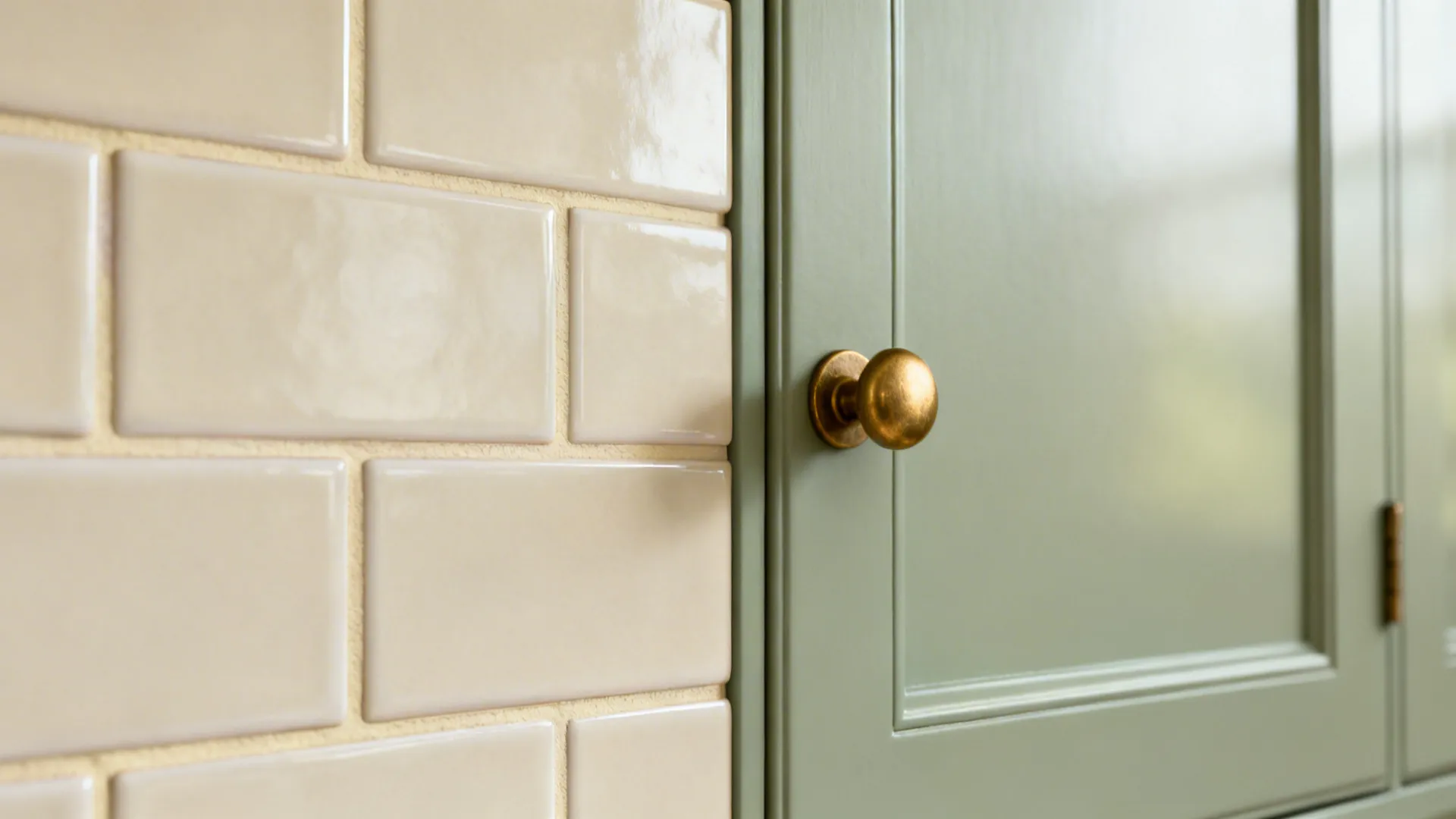 Close up view of cream wall tiles next to a green cabinet with gold door handle