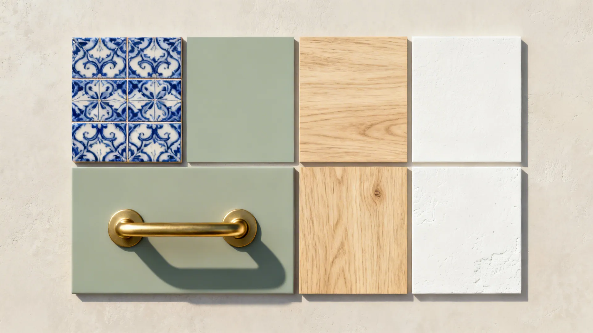 Interior design mood board with sage green tiles blue patterns wood samples and brass handle