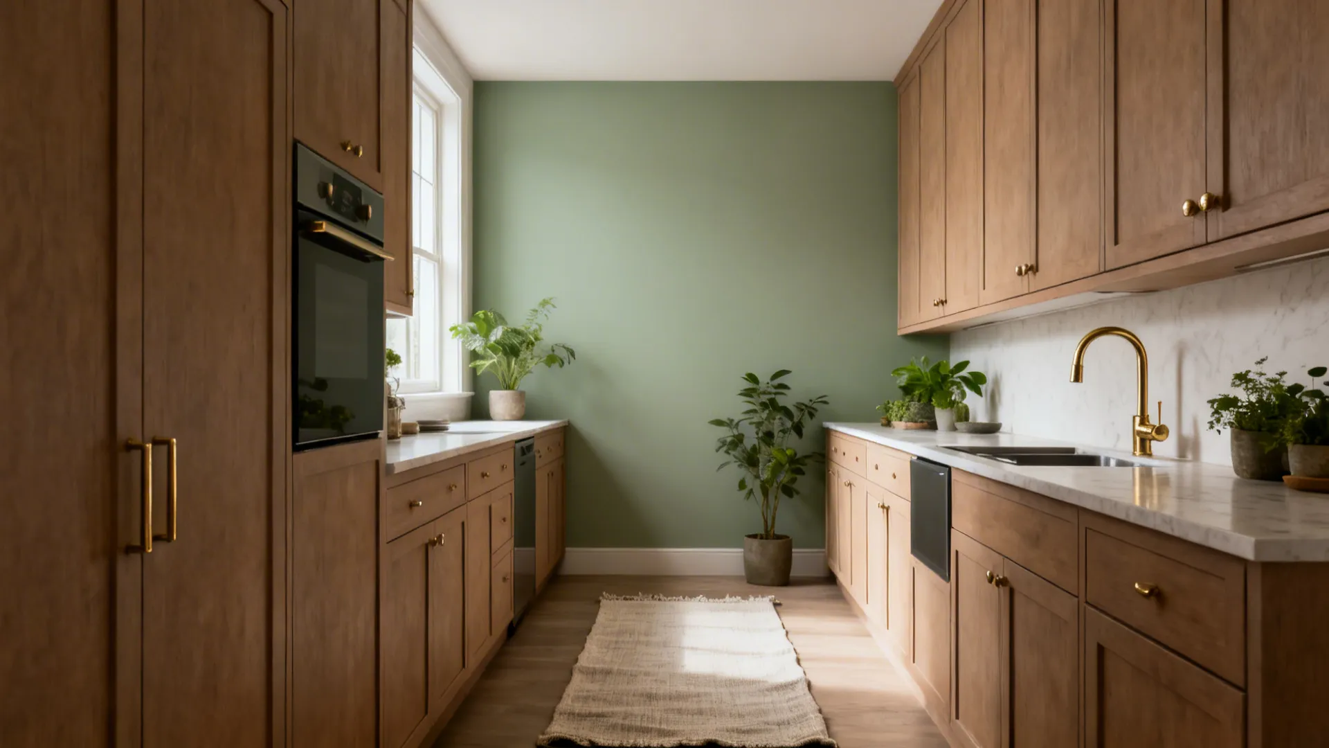 Modern kitchen with wood cabinets sage green wall marble countertop gold faucet and small plants