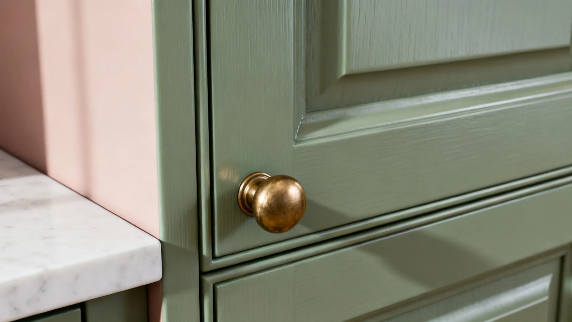 Macro of sage cabinet with brass knob next to a blush wall and white countertop.