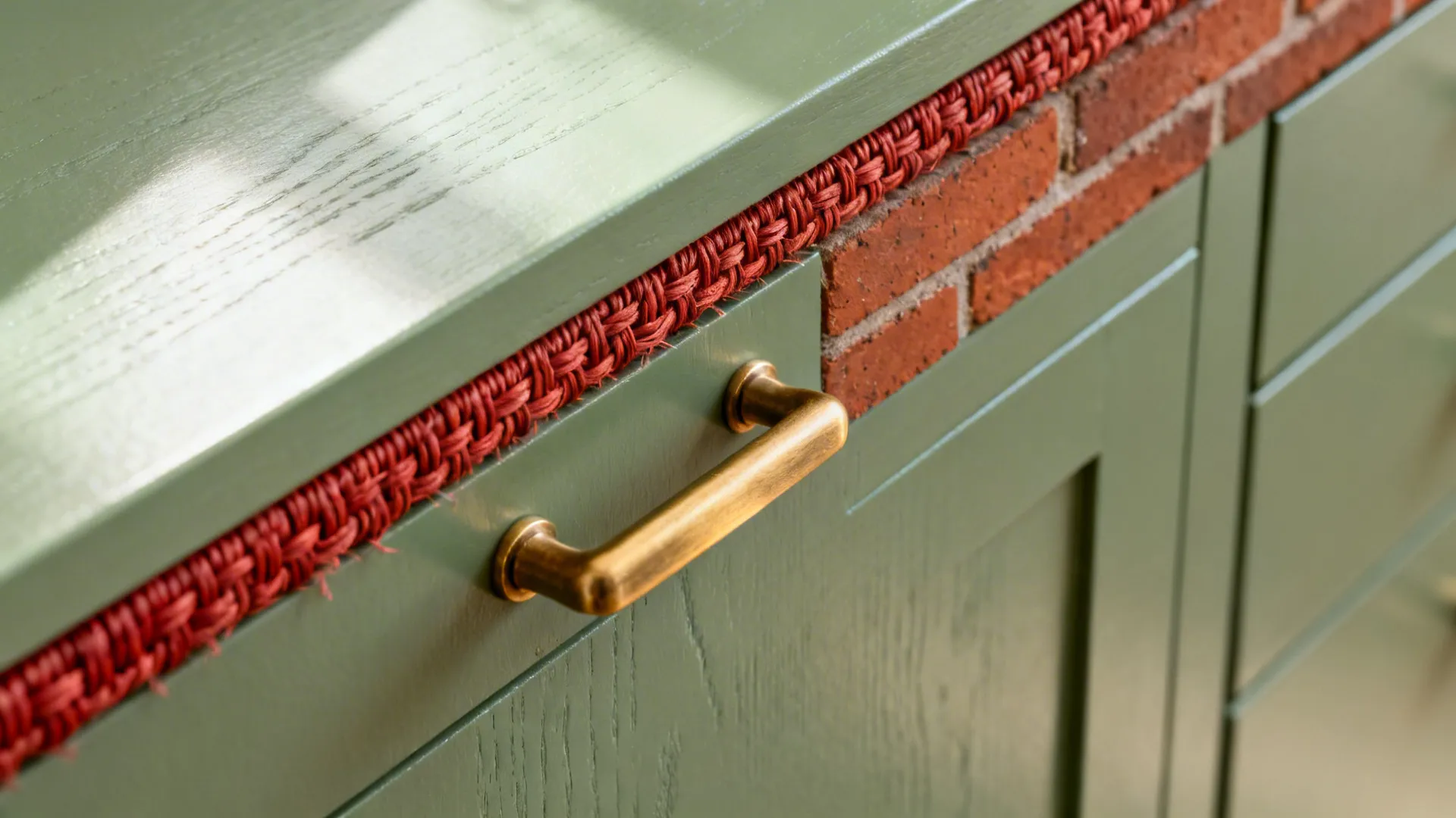 Close-up of sage cabinet with brass pull beside a brick-red runner edge.