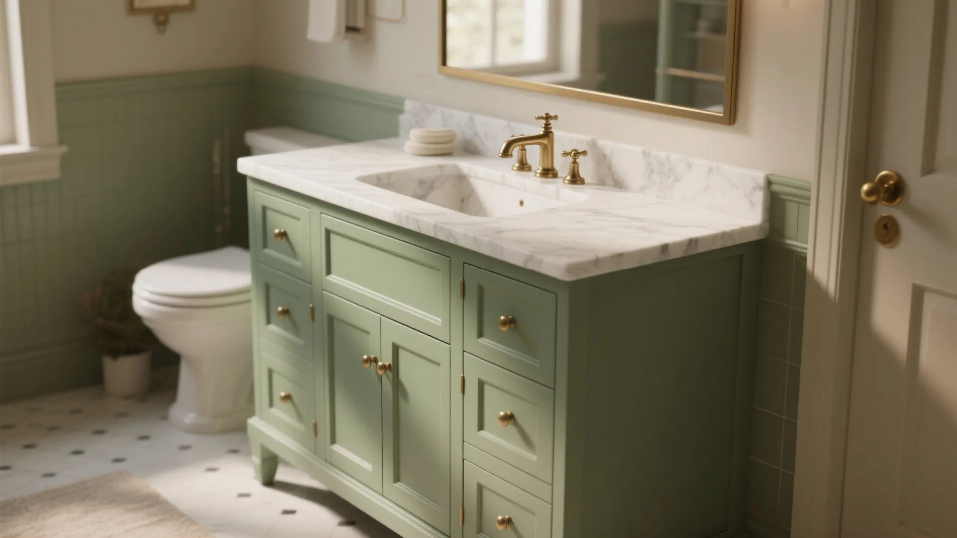 Sage green vanity with brushed brass fixtures in a bathroom