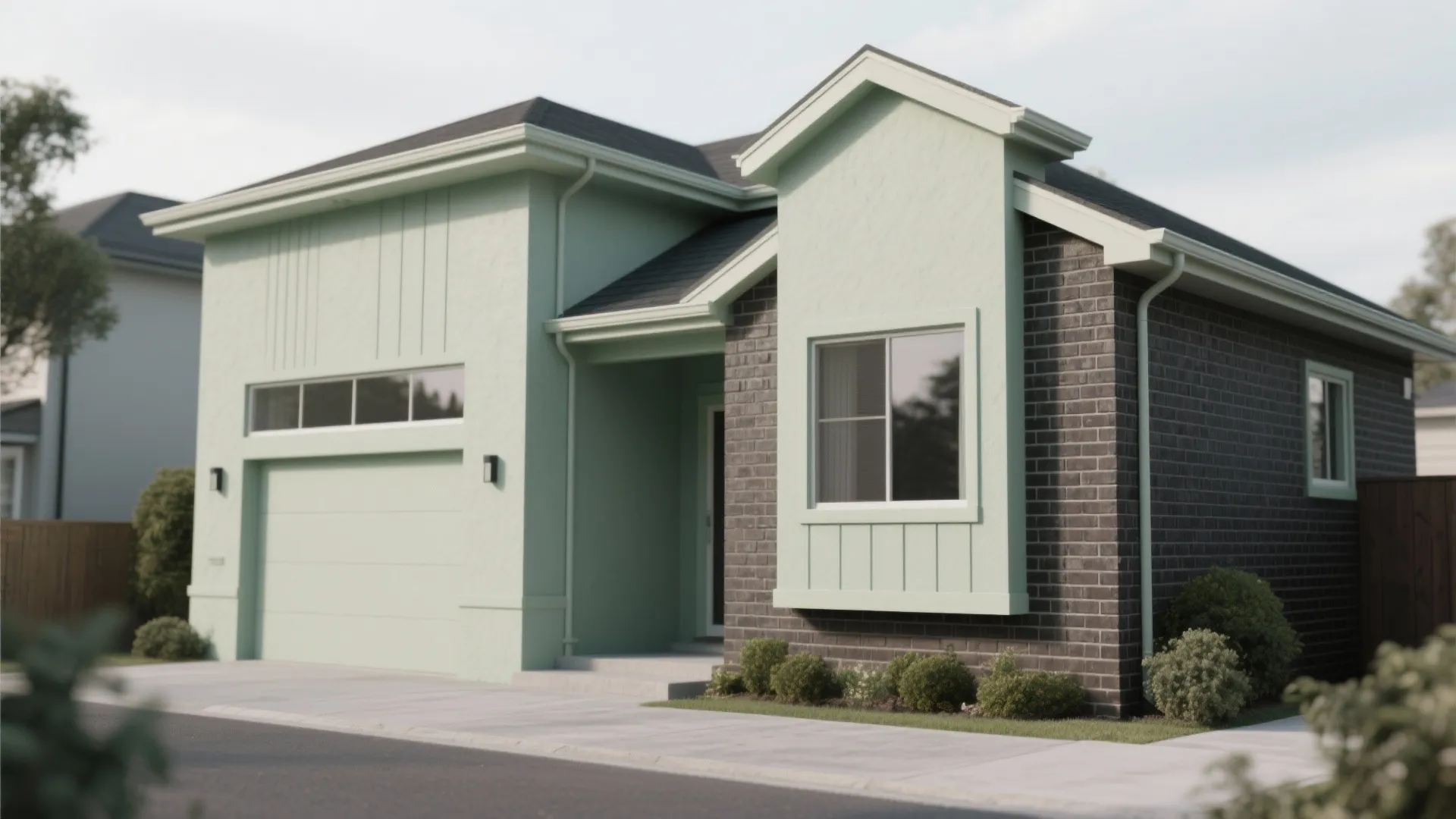 Muted sage exterior adjacent to dark brick masonry, showing the softening contrast in soft daylight.